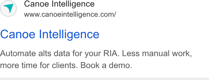 Canoe Intelligence ad on Google Ads: Canoe Intelligence Automate alts data for your RIA. Less manual work, more time for clients. Book a demo.