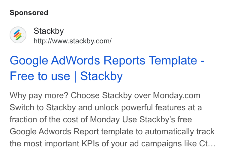 Stackby ad on Google Ads: Google Ad Words Reports Template - Free to use | Stackby Why pay more? Choose Stackby over Monday.com Switch to Stackby and unlock powerful features at a fraction of the cost of Monday Use Stackby’s free Google Adwords Report template to automatically track the most important KPIs of your ad campaigns like Ct...