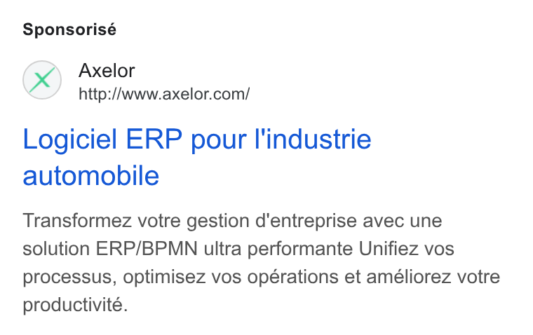 Axelor ad on Google Ads: Sponsorisé Logiciel ERP pour l'industrie automobile Transformez votre gestion d'entreprise avec une solution ERP/BPMN ultra performante Unifiez vos processus, optimisez vos opérations et améliorez votre productivité.