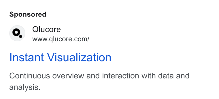 Qlucore ad on Google Ads: Instant Visualization Continuous overview and interaction with data and analysis.