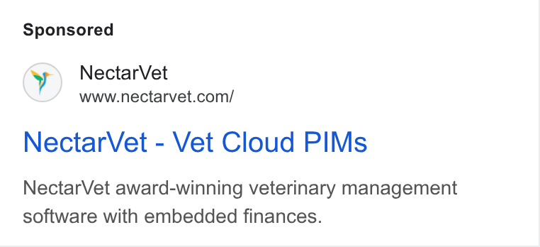 NectarVet ad on Google Ads: Nectar Vet - Vet Cloud PIMs Nectar Vet award-winning veterinary management software with embedded finances.