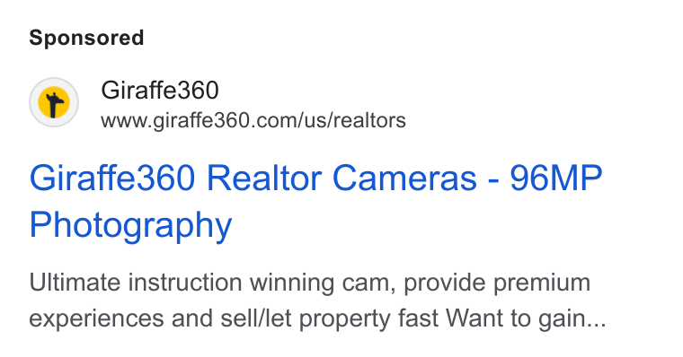 Giraffe360 ad on Google Ads: Giraffe360 Realtor Cameras - 96MP Photography Ultimate instruction winning cam, provide premium experiences and sell/let property fast Want to gain...