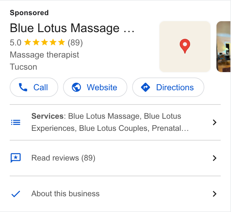 PocketSuite ad on Google Ads: Blue Lotus Massage .. 5.0 kkk & (89) Massage therapist Tucson Services: Blue Lotus Massage, Blue Lotus Experiences, Blue Lotus Couples, Prenatal... Read reviews (89) > About this business >