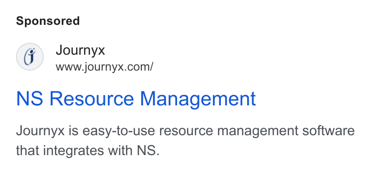 Journyx ad on Google Ads: NS Resource Management Journyx is easy-to-use resource management software that integrates with NS.