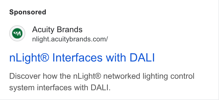 Acuity Brands ad on Google Ads: n Light® Interfaces with DALI Discover how the n Light® networked lighting control system interfaces with DALI.