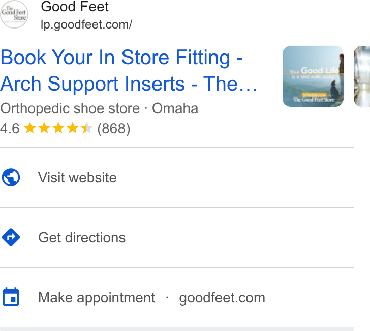 Acuity Scheduling ad on Google Ads: Book Your In Store Fitting - Arch Support Inserts - The... Orthopedic shoe store - Omaha 4.6 wk kk *& (868) Visit website Get directions im Make appointment-goodfeet.com