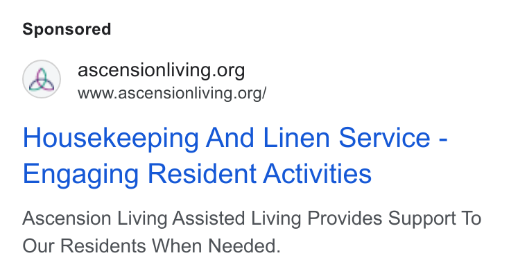Roobrik ad on Google Ads: www.ascensionliving.org/ Housekeeping And Linen Service - Engaging Resident Activities Ascension Living Assisted Living Provides Support To Our Residents When Needed.