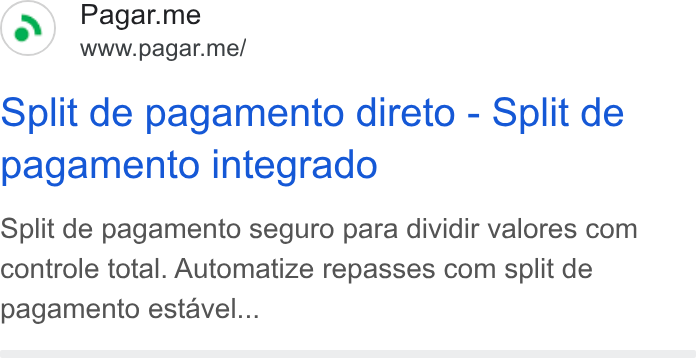 Pagar.me ad on Google Ads: Pagar.me www.pagar.me/ Split de pagamento direto - Split de pagamento integrado Split de pagamento seguro para dividir valores com controle total. Automatize repasses com split de pagamento estavel...
