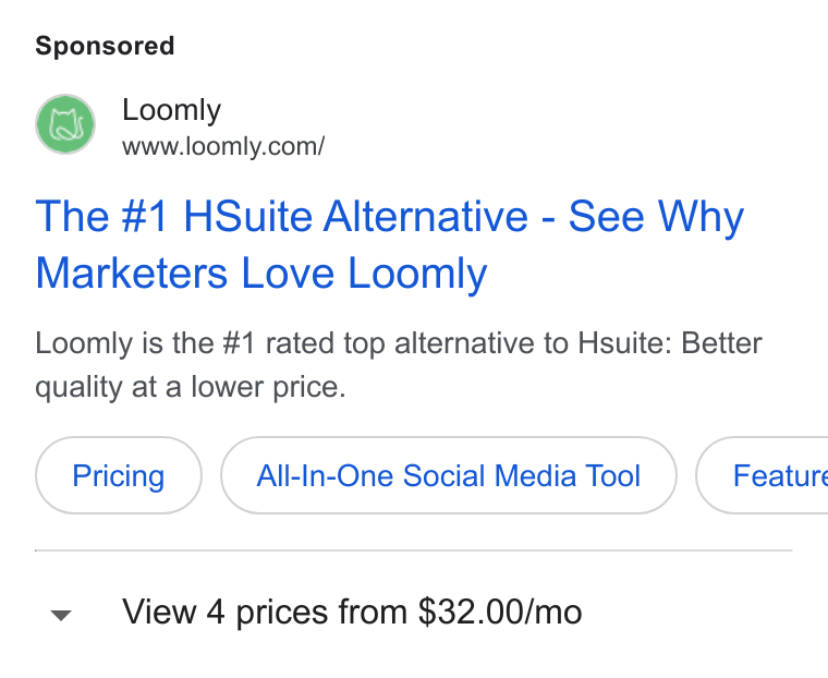 Loomly ad on Google Ads: The #1 HSuite Alternative - See Why Marketers Love Loomly Loomly is the #1 rated top alternative to Hsuite: Better quality at a lower price. All-In-One Social Media Tool ( Feature v View 4 prices from $32.00/mo