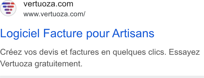 Vertuoza ad on Google Ads: www.vertuoza.com/ Logiciel Facture pour Artisans Créez vos devis et factures en quelques clics. Essayez Vertuoza gratuitement.