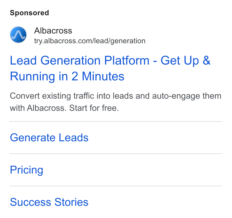 Albacross ad on Google Ads: Lead Generation Platform - Get Up & Running in 2 Minutes Convert existing traffic into leads and auto-engage them with Albacross. Start for free. Generate Leads Pricing Success Stories