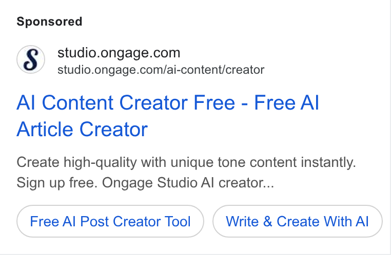 Ongage ad on Google Ads: studio.ongage.com/ai-content/creator Al Content Creator Free - Free Al Article Creator Create high-quality with unique tone content instantly. Sign up free. Ongage Studio Al creator... Free Al Post Creator Tool Write & Create With Al
