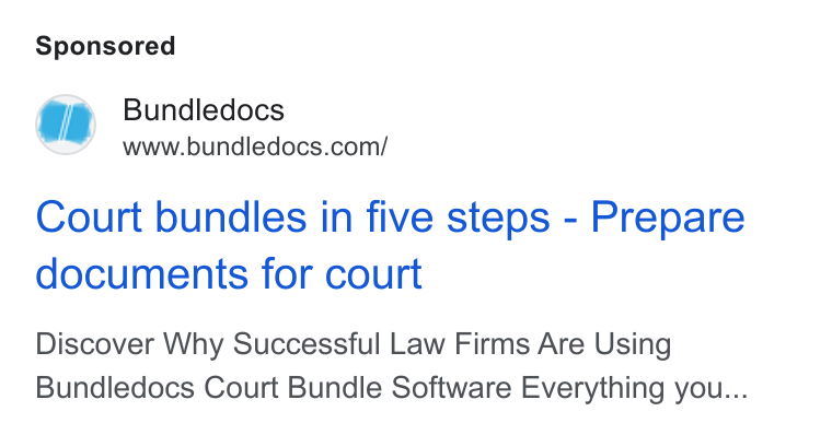 Bundledocs ad on Google Ads: rf , Bundledocs Court bundles in five steps - Prepare documents for court Discover Why Successful Law Firms Are Using Bundledocs Court Bundle Software Everything you...