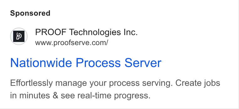 Proof ad on Google Ads: Nationwide Process Server Effortlessly manage your process serving. Create jobs in minutes & see real-time progress.