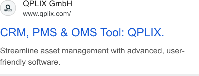 QPLIX GmbH ad on Google Ads: CRM, PMS & OMS Tool: QPLIX. Streamline asset management with advanced, user- friendly software.