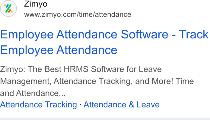 Zimyo ad on Google Ads: Employee Attendance Software - Track Employee Attendance Zimyo: The Best HRMS Software for Leave Management, Attendance Tracking, and More! Time and Attendance... Attendance Tracking - Attendance & Leave