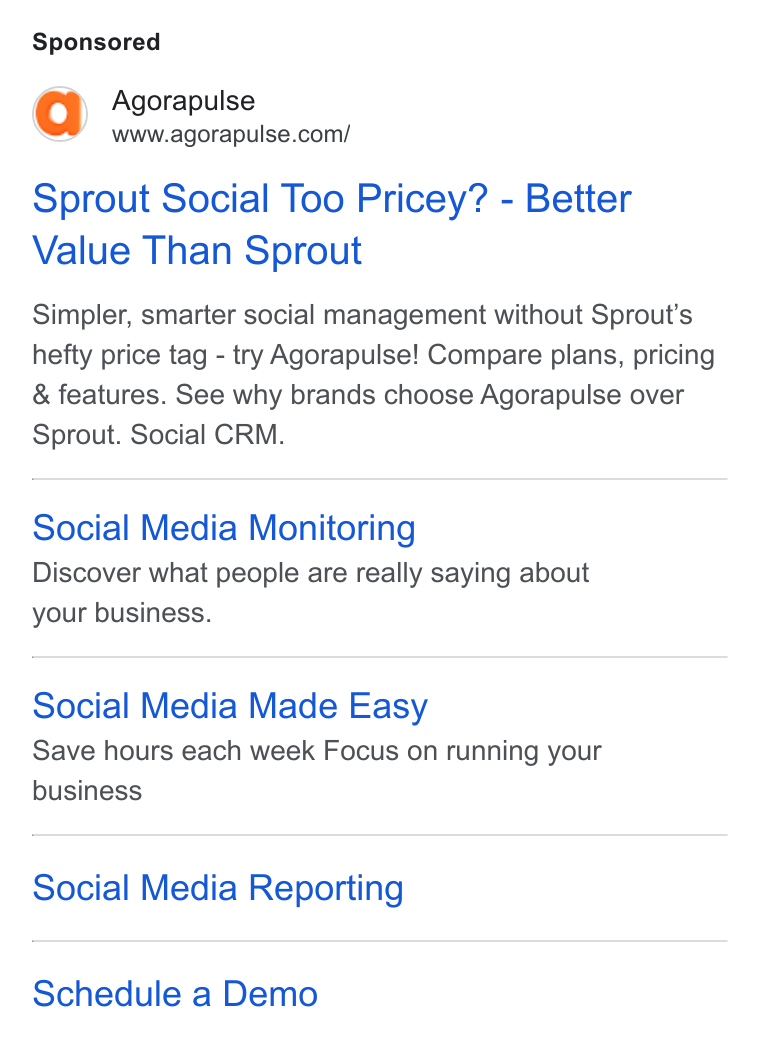 Agorapulse ad on Google Ads: Sprout Social Too Pricey? - Better Value Than Sprout Simpler, smarter social management without Sprout’s hefty price tag - try Agorapulse! Compare plans, pricing & features. See why brands choose Agorapulse over Sprout. Social CRM. Social Media Monitoring Discover what people are really saying about your business. Social Media Made Easy Save hours each week Focus on running your business Social Media Reporting Schedule a Demo