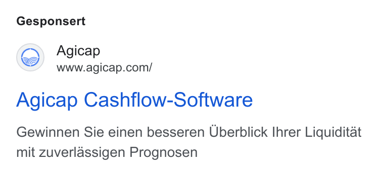 Agicap ad on Google Ads: Gesponsert Agicap Cashflow-Software Gewinnen Sie einen besseren Uberblick Ihrer Liquiditat mit Zuverlassigen Prognosen