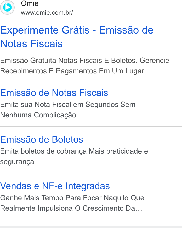 Omie ad on Google Ads: Experimente Gratis - Emissao de Notas Fiscais Emissao Gratuita Notas Fiscais E Boletos. Gerencie Recebimentos E Pagamentos Em Um Lugar. Emissao de Notas Fiscais Emita sua Nota Fiscal em Segundos Sem Nenhuma Complicagao Emissao de Boletos Emita boletos de cobranga Mais praticidade e seguran¢a Vendas e NF-e Integradas Ganhe Mais Tempo Para Focar Naquilo Que Realmente Impulsiona O Crescimento Da...