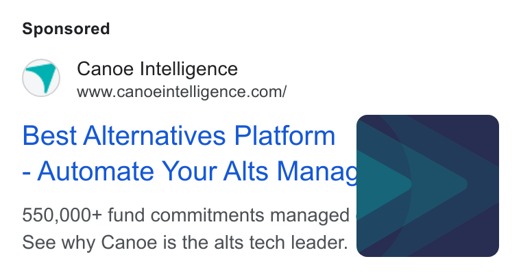Canoe Intelligence ad on Google Ads: Best Alternatives Platform Automate Your Alts Manac 550,000+ fund commitments managed See why Canoe is the alts tech leader.