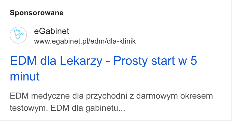 eGabinet ad on Google Ads: Sponsorowane EDM dla Lekarzy - Prosty start w 5 minut EDM medyczne dla przychodni z darmowym okresem testowym. EDM dla gabinetu...