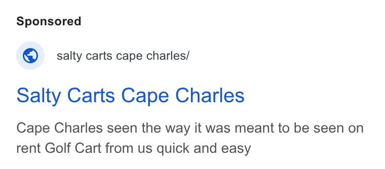 FareHarbor ad on Google Ads: 4) . salty carts cape charles/ Salty Carts Cape Charles Cape Charles seen the way it was meant to be seen on rent Golf Cart from us quick and easy