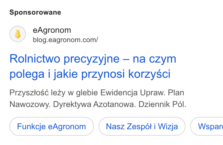 eAgronom ad on Google Ads: Sponsorowane Rolnictwo precyzyjne — na czym polega i jakie przynosi korzysci Przysztos€é lezy w glebie Ewidencja Upraw. Plan Nawozowy. Dyrektywa Azotanowa. Dziennik Pol. Funkcje e Agronom Nasz Zespéti Wizja ) ( Wspar