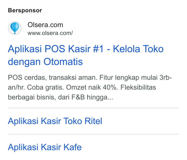 Olsera ad on Google Ads: www.olsera.com/ Aplikasi POS Kasir #1 - Kelola Toko dengan Otomatis POS cerdas, transaksi aman. Fitur lengkap mulai 3rb- an/hr. Coba gratis. Omzet naik 40%. Fleksibilitas berbagai bisnis, dari F& B hingga... Aplikasi Kasir Toko Ritel Aplikasi Kasir Kafe