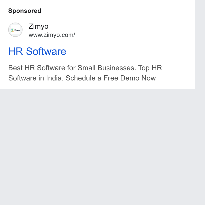 Zimyo ad on Google Ads: HR Software Best HR Software for Small Businesses. Top HR Software in India. Schedule a Free Demo Now