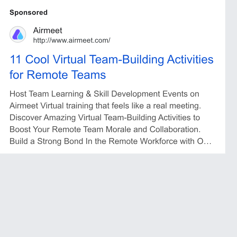 Airmeet ad on Google Ads: 11 Cool Virtual Team-Building Activities for Remote Teams Host Team Learning & Skill Development Events on Airmeet Virtual training that feels like a real meeting. Discover Amazing Virtual Team-Building Activities to Boost Your Remote Team Morale and Collaboration. Build a Strong Bond In the Remote Workforce with O...