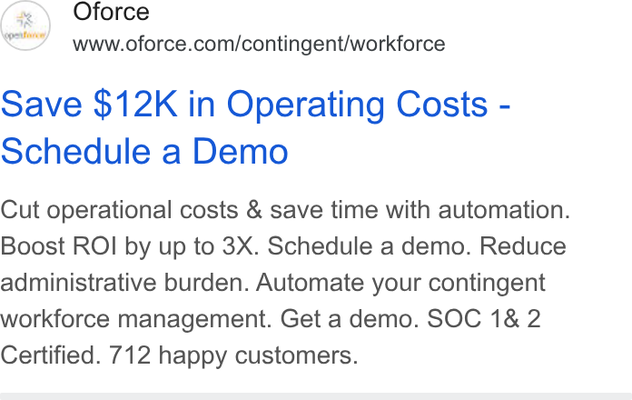 Openforce ad on Google Ads: Save $12K in Operating Costs - Schedule a Demo Cut operational costs & save time with automation. Boost ROI by up to 3X. Schedule a demo. Reduce administrative burden. Automate your contingent workforce management. Get a demo. SOC 1& 2 Certified. 712 happy customers.