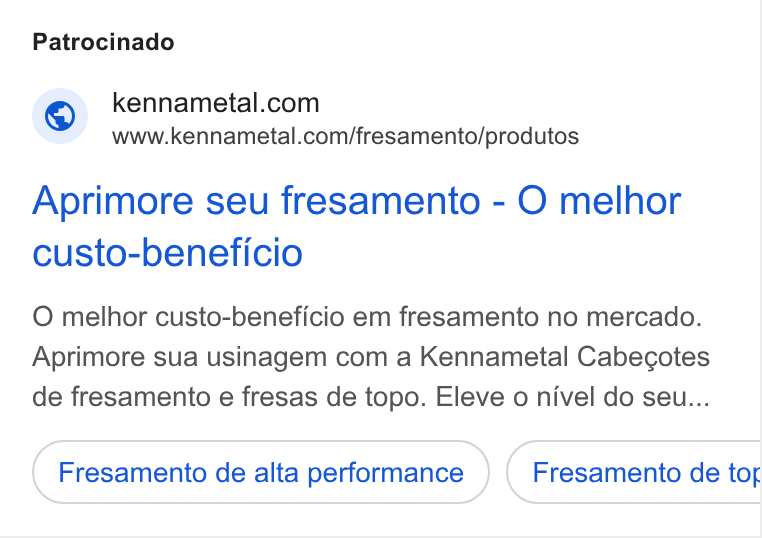 Kennametal ad on Google Ads: www.kennametal.com/fresamento/produtos Aprimore seu fresamento - O melhor custo-beneficio O melhor custo-beneficio em fresamento no mercado. Aprimore sua usinagem com a Kennametal Cabecotes de fresamento e fresas de topo. Eleve o nivel do seu... Fresamento de alta performance Fresamento de tor