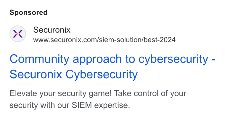 Securonix ad on Google Ads: Community approach to cybersecurity - Securonix Cybersecurity Elevate your security game! Take control of your security with our SIEM expertise.