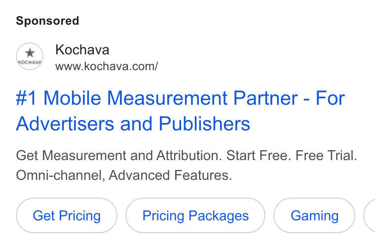 Kochava ad on Google Ads: #1 Mobile Measurement Partner - For Advertisers and Publishers Get Measurement and Attribution. Start Free. Free Trial. Omni-channel, Advanced Features. Get Pricing Pricing Packages (