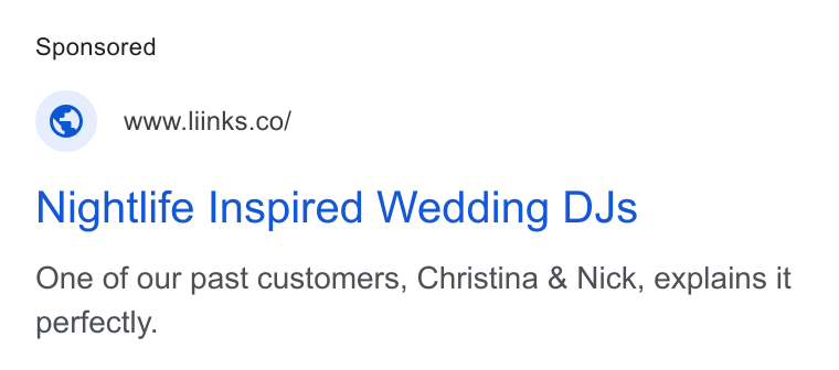 EMR USA ad on Google Ads: Nightlife Inspired Wedding DJs One of our past customers, Christina & Nick, explains it perfectly.