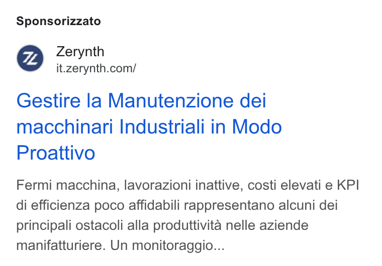 Zerynth ad on Google Ads: Sponsorizzato Gestire la Manutenzione dei macchinari Industriali in Modo Proattivo Fermi macchina, lavorazioni inattive, costi elevati e KPI di efficienza poco affidabili rappresentano alcuni dei principali ostacoli alla produttivita nelle aziende manifatturiere. Un monitoraggio...