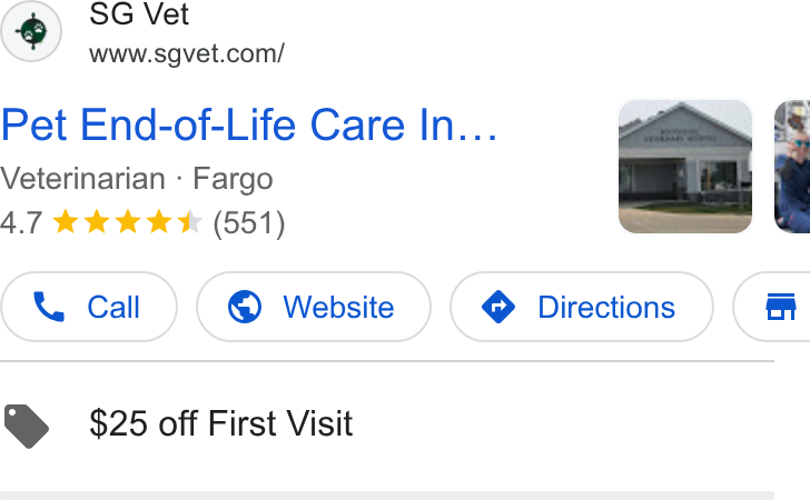 PetDesk ad on Google Ads: Pet End-of-Life Care In... ott Veterinarian - Fargo -T 4.7 tk k K (551) ae EE . $25 off First Visit