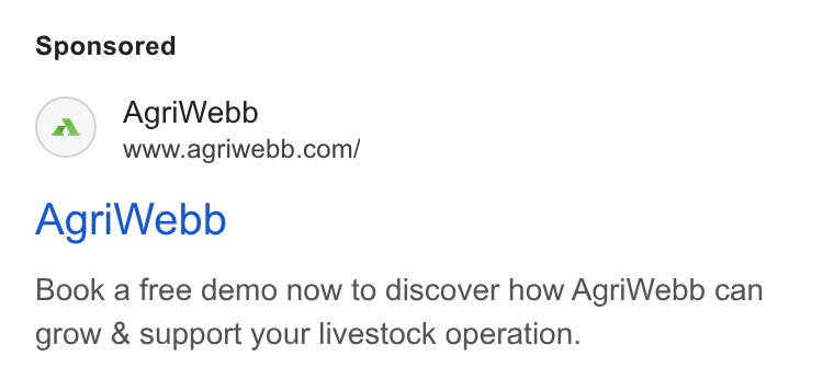AgriWebb ad on Google Ads: Agri Webb Book a free demo now to discover how Agri Webb can grow & support your livestock operation.