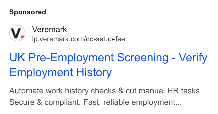 Veremark ad on Google Ads: UK Pre-Employment Screening - Verify Employment History Automate work history checks & cut manual HR tasks. Secure & compliant. Fast, reliable employment...