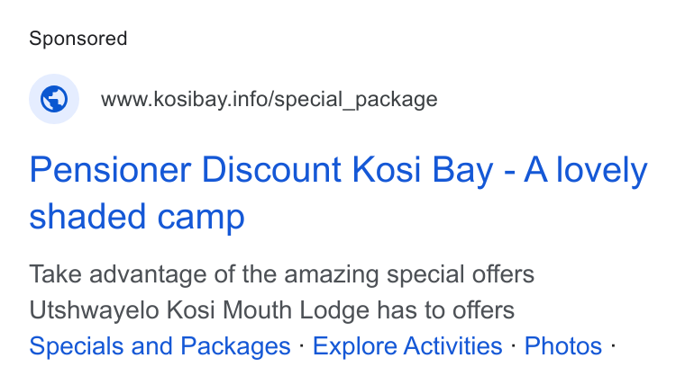 Checkfront ad on Google Ads: © wwwkosibay.info/special_package Pensioner Discount Kosi Bay - A lovely shaded camp Take advantage of the amazing special offers Utshwayelo Kosi Mouth Lodge has to offers Specials and Packages - Explore Activities - Photos -