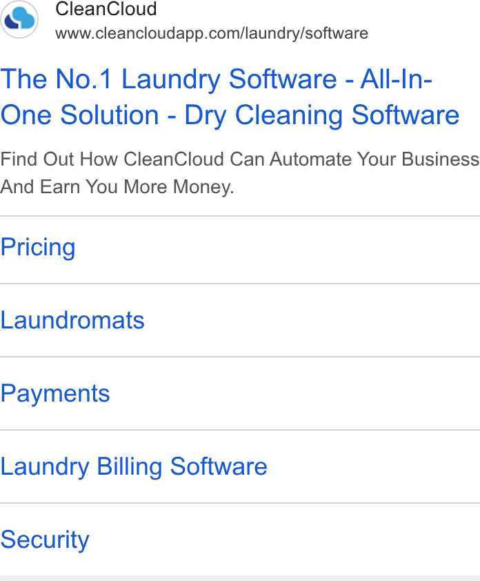 CleanCloud ad on Google Ads: The No.1 Laundry Software - All-In- One Solution - Dry Cleaning Software Find Out How Clean Cloud Can Automate Your Business And Earn You More Money. Pricing Laundromats Payments Laundry Billing Software Security