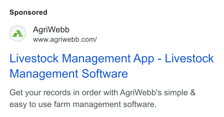 AgriWebb ad on Google Ads: Livestock Management App - Livestock Management Software Get your records in order with Agri Webb's simple & easy to use farm management software.