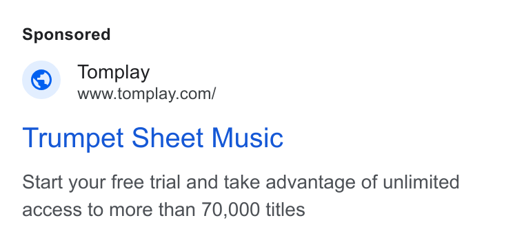 Tomplay ad on Google Ads: Trumpet Sheet Music Start your free trial and take advantage of unlimited access to more than 70,000 titles