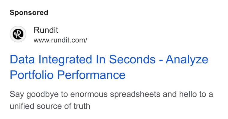 Rundit ad on Google Ads: Data Integrated In Seconds - Analyze Portfolio Performance Say goodbye to enormous spreadsheets and hello to a unified source of truth