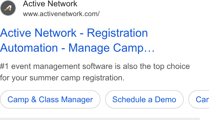 ACTIVE Network ad on Google Ads: Active Network - Registration Automation - Manage Camp... #1 event management software is also the top choice for your Summer camp registration. Camp & Class Manager Schedule a Demo ) ( Car