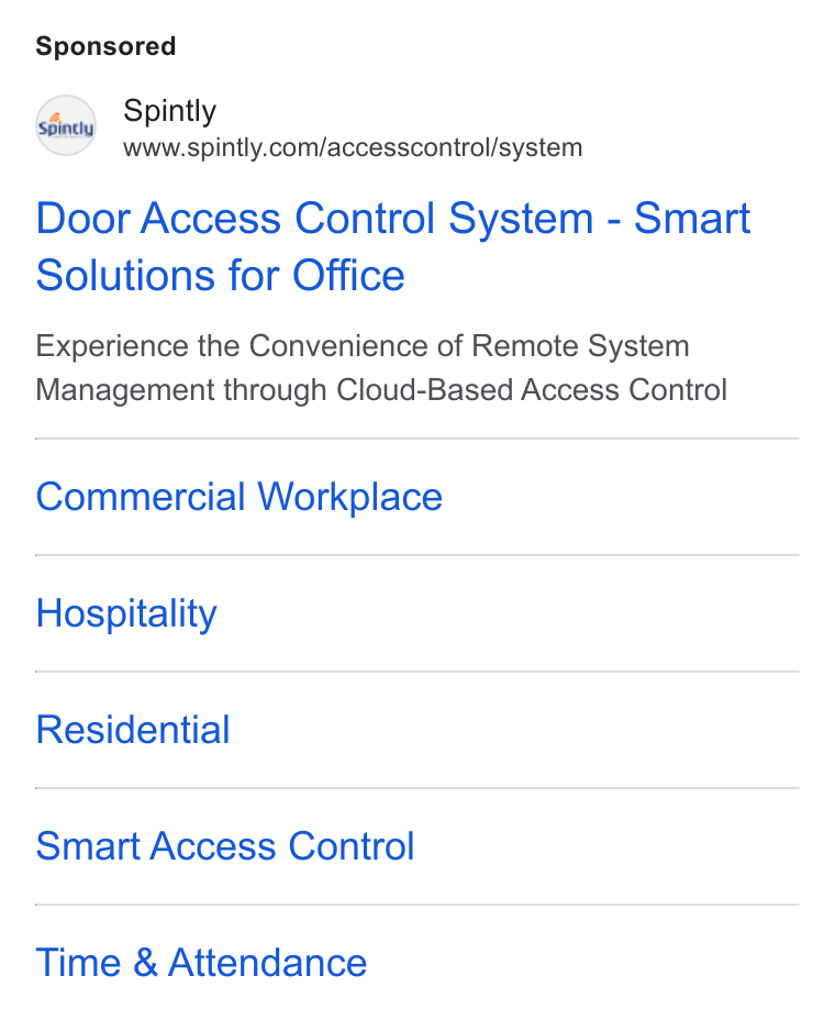 Spintly ad on Google Ads: Door Access Control System - Smart Solutions for Office Experience the Convenience of Remote System Management through Cloud-Based Access Control Commercial Workplace Hospitality Residential Smart Access Control Time & Attendance