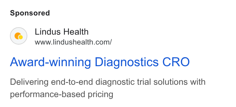 Lindus Health ad on Google Ads: Award-winning Diagnostics CRO Delivering end-to-end diagnostic trial solutions with performance-based pricing