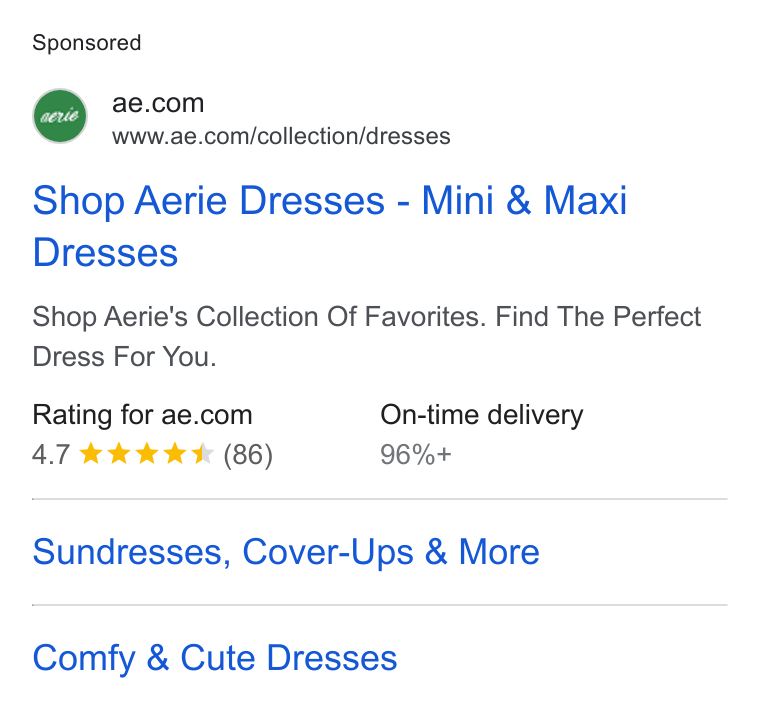 American Eagle Outfitters ad on Google Ads: “3 ~=www.ae.com/collection/dresses Shop Aerie Dresses - Mini & Maxi Dresses Shop Aerie's Collection Of Favorites. Find The Perfect Dress For You. Rating for ae.com On-time delivery 4.7 kk KK * (86) 96%+ Sundresses, Cover-Ups & More Comfy & Cute Dresses