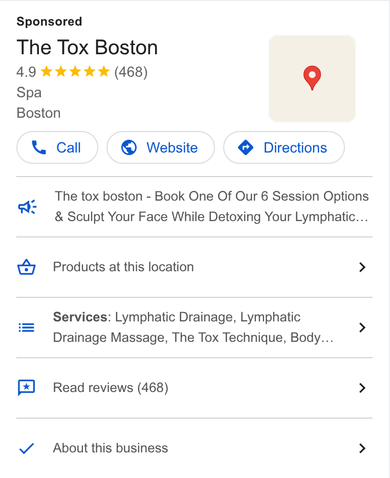 Mindbody ad on Google Ads: The Tox Boston Spa Boston Call )( @ Website } ( @ Directions } as 4 Products at this location Services: Lymphatic Drainage, Lymphatic Drainage Massage, The Tox Technique, Body... Read reviews (468) About this business The tox boston - Book One Of Our 6 Session Options Sculpt Your Face While Detoxing Your Lymphatic...