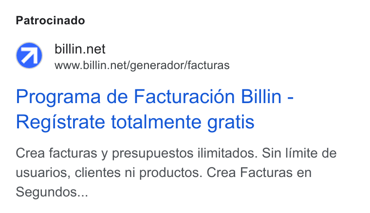 Billin ad on Google Ads: www.billin.net/generador/facturas Programa de Facturacion Billin - Registrate totalmente gratis Crea facturas y presupuestos ilimitados. Sin limite de usuarios, clientes ni productos. Crea Facturas en Segundos...